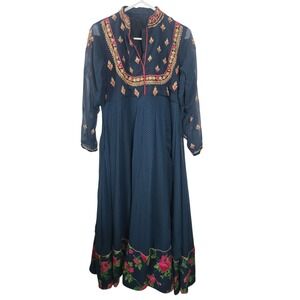 Embroidered‎ Floral Print Maxi Dress SIZE SMALL Teal Blue Polka Dot Formal Gown